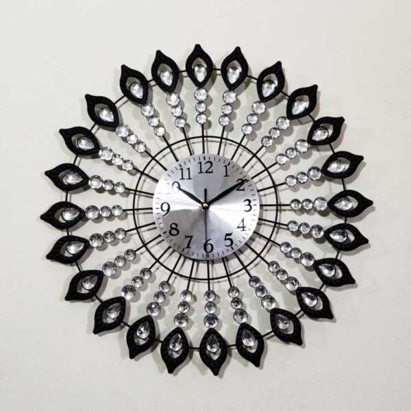Black Metal Frame With White Stone Silver Color Dial Wall Clock