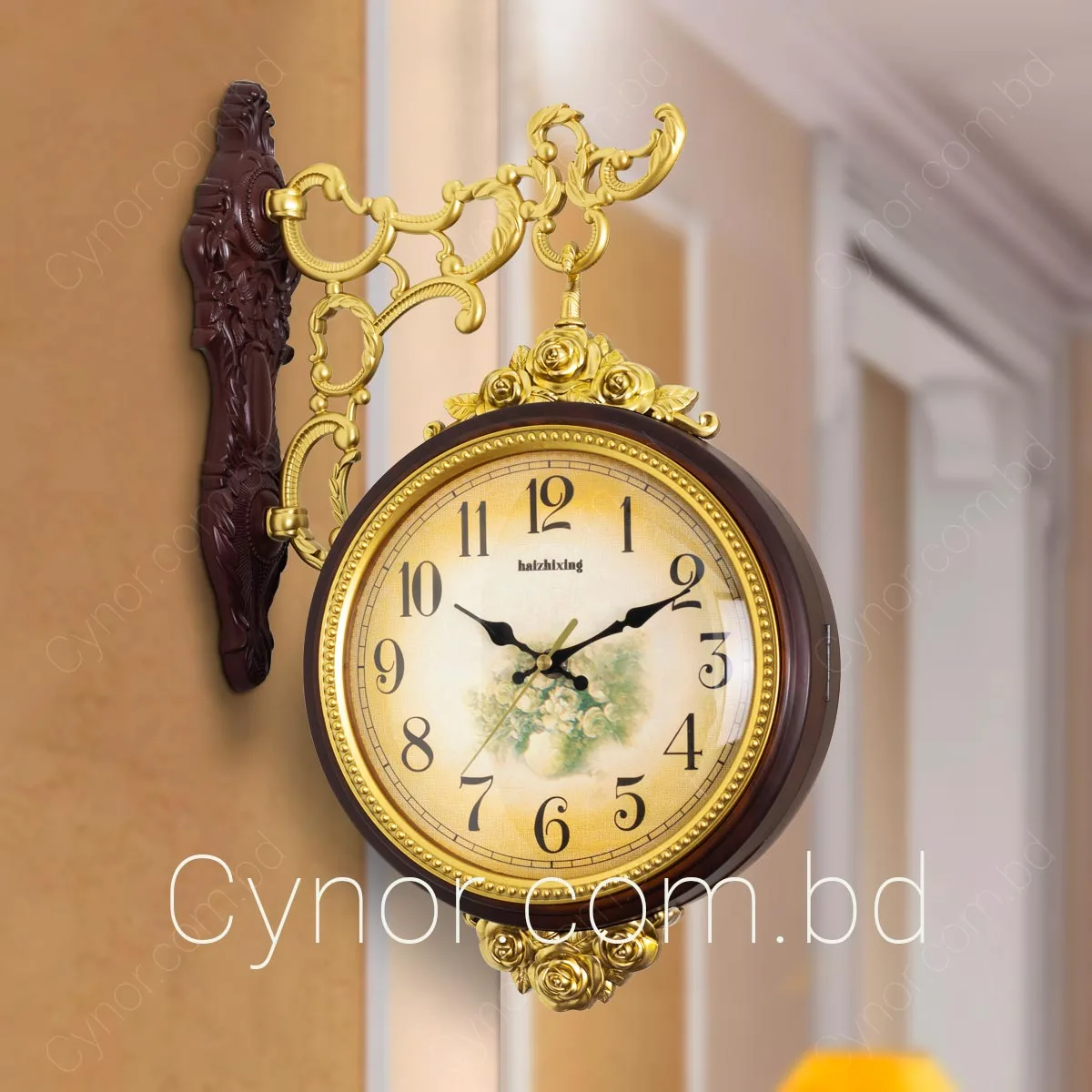 Wood-and-Golden-Color-Fiber-Made-Double-Sided-Station-Wall-Clock-(7)