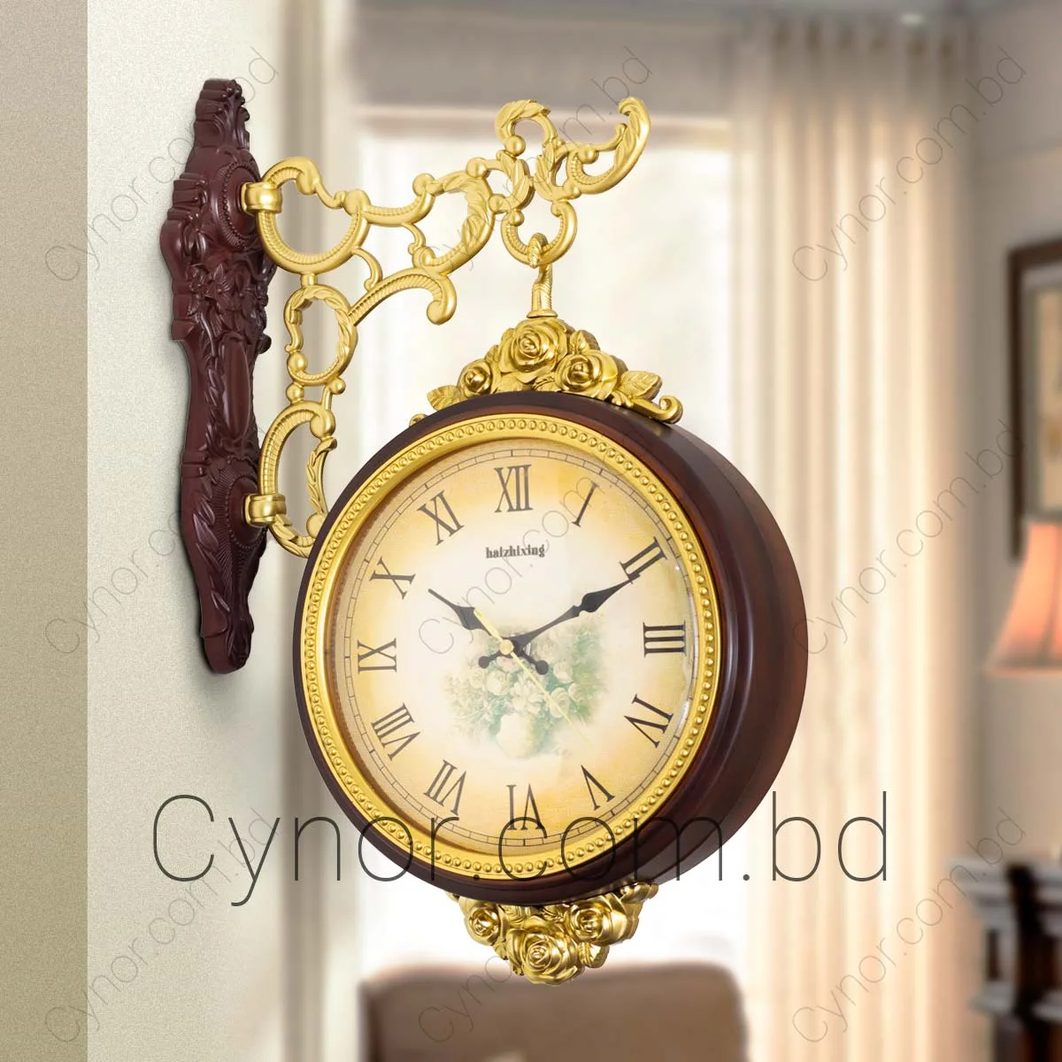 Wood-and-Golden-Color-Fiber-Made-Double-Sided-Station-Wall-Clock-(8)