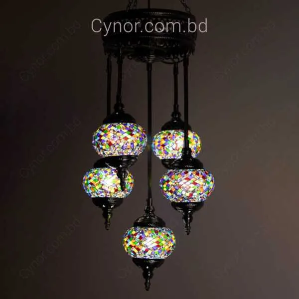 5 in 1 Full Metal Body with Glass and Mosaic made Chimney Turkish Style Hanging Lamp Chandelier