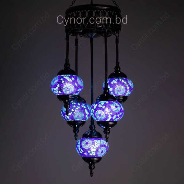 5 in 1 Full Metal Body with Glass and Mosaic made Chimney Turkish Style Hanging Lamp Chandelier