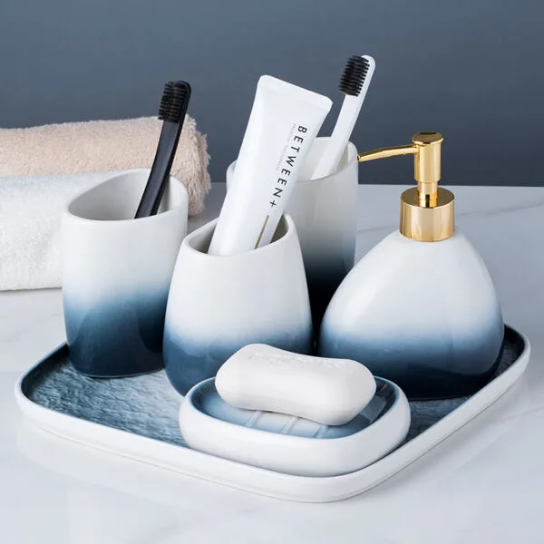 White 6 Pieces Ceramic Bathroom Set With Tray