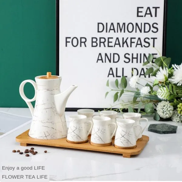 Ceramic Jug and Cup Set with Chinese Bamboo Tray