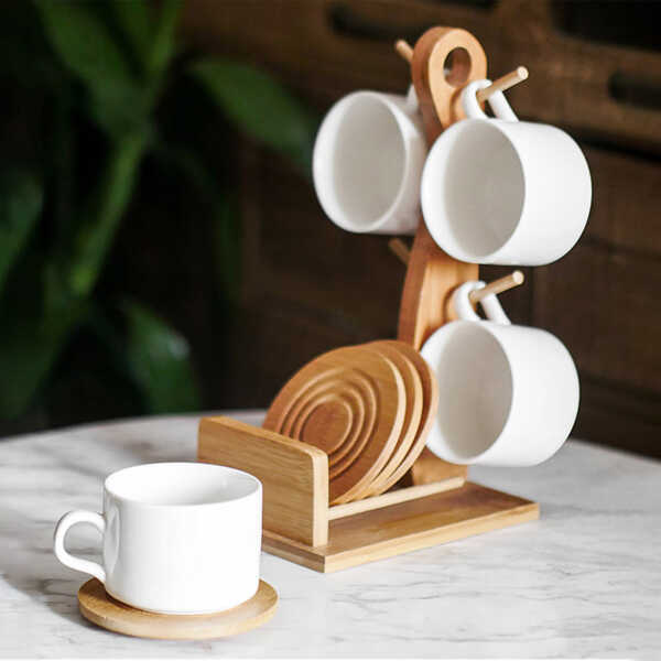 Ceramic Four Pieces Cup Set with Chinese Bamboo Holder