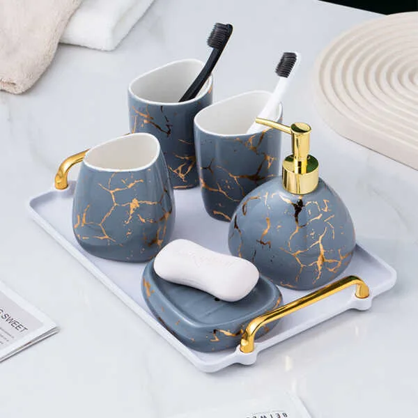 Ceramic 6 Pieces Bathroom Set with Tray