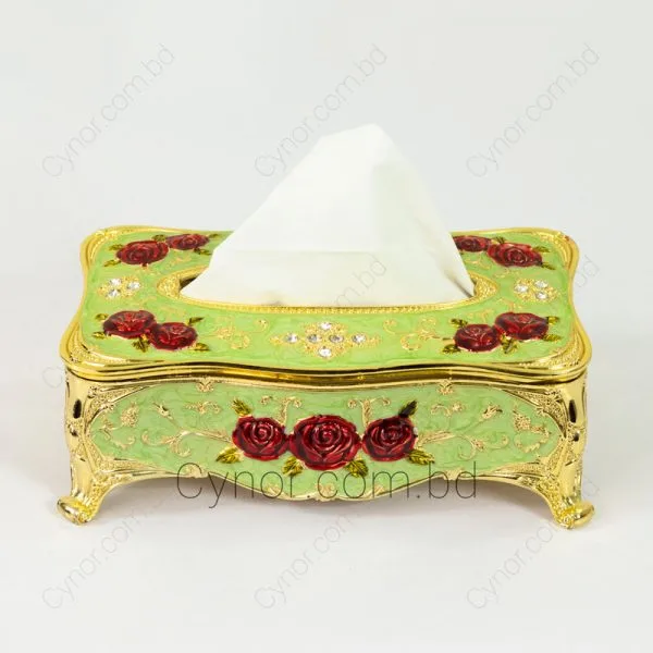 Metal Body Golden & Green Color Red Rose Design Tissue Box Holder