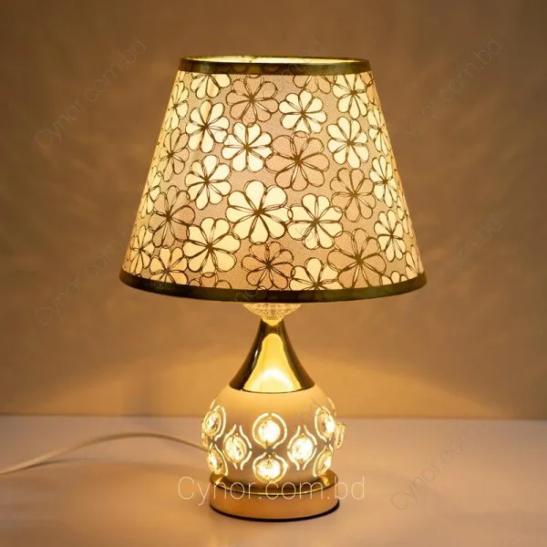 Golden & White Color Metal Body Crystal Design Floral Shade Table Lamp