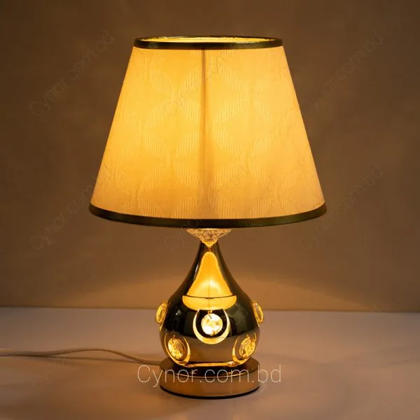 Golden Color Metal Body Crystal Stone Design Cream Color Shade Table Lamp