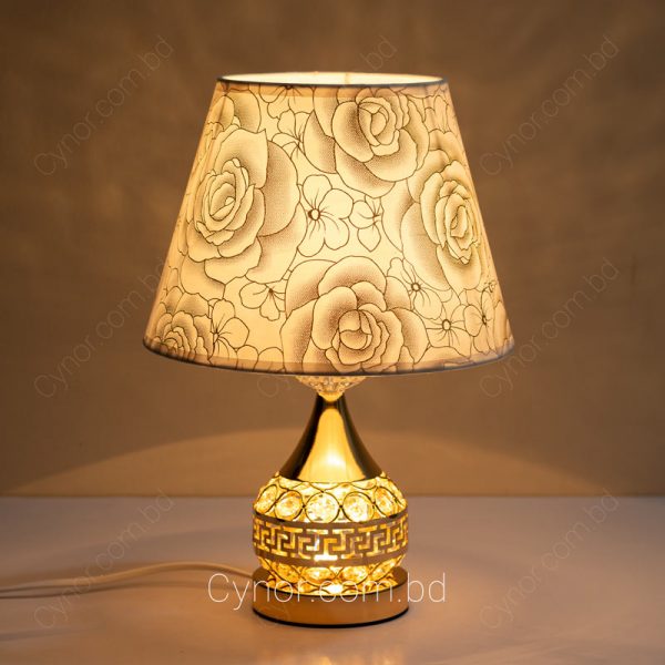 Golden Color Metal & Crystal Stone Design Body Rose Pattern Shade Table Lamp