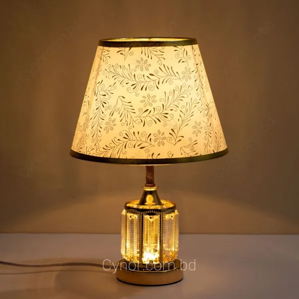 Golden Color Metal & Crystal Design Body Golden Pattern White Shade Table Lamp