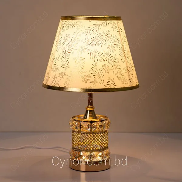 Golden Color Metal & Crystal Design Body Golden Pattern White Shade Table Lamp