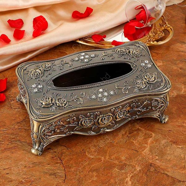 Fully Metal Made Antique Color Rose Design Tissue Box Holder