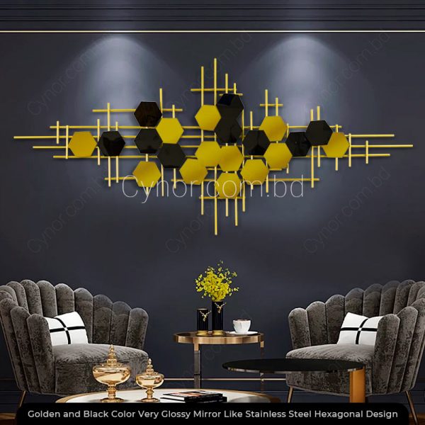 Golden & Black Color Very Glossy Mirror-Like Stainless Steel Hexagonal Design Wall Decor