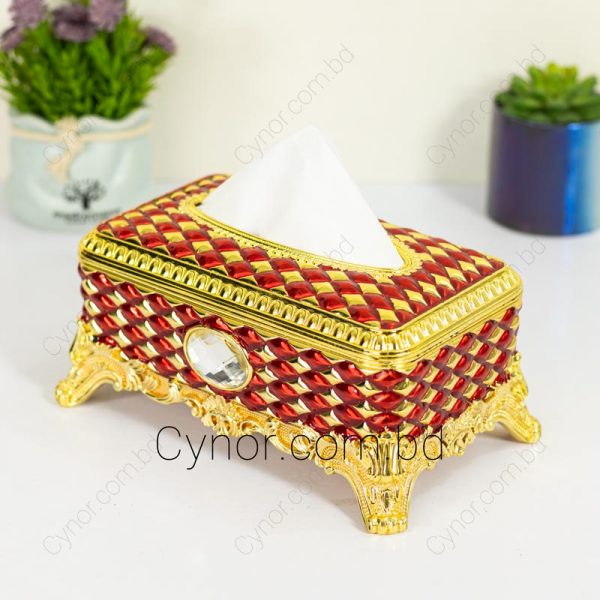 Luxury Metal Made Golden & Red Color Vintage Style Tissue Box with Magnetic Cover