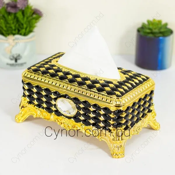 Luxury Metal Made Golden & Black Color Vintage Style Tissue Box with Magnetic Cover
