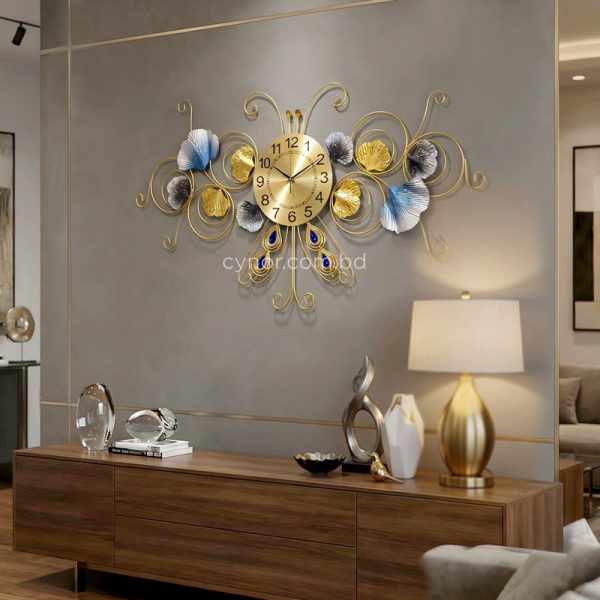 Golden Color Metal Body with Black & Blue Leaves Design Butterfly Wall Clock