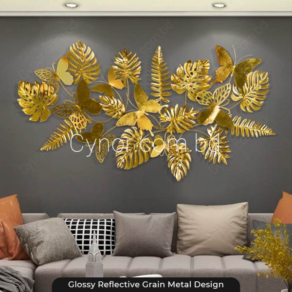 Metal Body Golden Color Glossy Grain Leaves & Butterfly Design Wall Decor