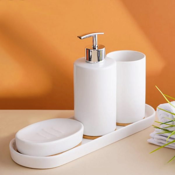 Ceramic Made White Color 4 Pieces Bathroom Set with Tray