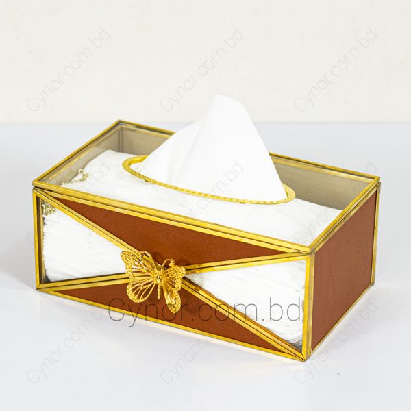Metal, Glass & Leather Like Texture with Butterfly Design Tissue Holder
