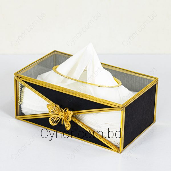 Metal, Glass & Leather Like Texture with Butterfly Design Tissue Holder