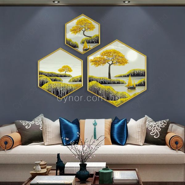 Metal Aluminium Frame Resin Stone Design Honeycomb Shape Wall Frame Decor Set