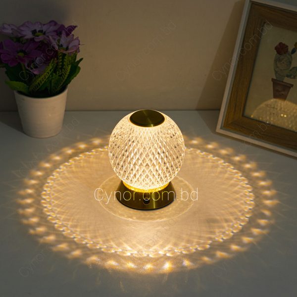 Metal & Crystal Body Golden Color Base Round Shape with Touch Knob Rechargeable 1 in 3 Colors Table Bedside Lamp