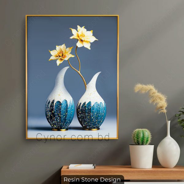 Metal Aluminium Frame Resin with Stone Design Abstract Flower Vase Design Wall Frame Decor