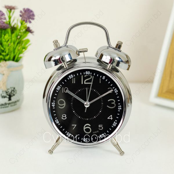 Metal Body Twin Bell Silver Color Body Black Dial Vintage Design Alarm Clock
