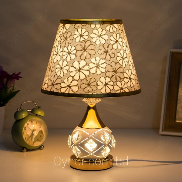 Golden and White Color Metal Body Crystal Design Floral Shade Table Lamp