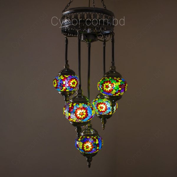 5 in 1 Full Metal Body with Glass and Mosaic made Chimney Turkish Style Hanging Lamp Chandelier
