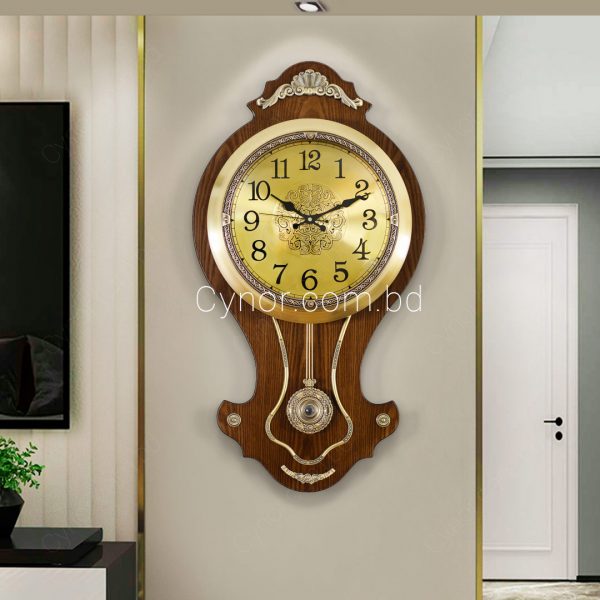 Very High Quality Wooden Body Metal Floral Design Golden Color Dial Big Size Pendulum Wall Clock