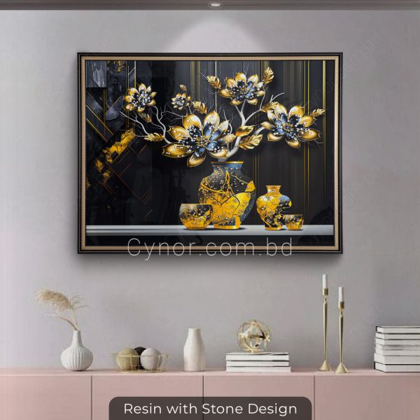 Fibre Made Frame Resin with Stone Design Abstract Flower Pot Scenery Wall Frame Decor