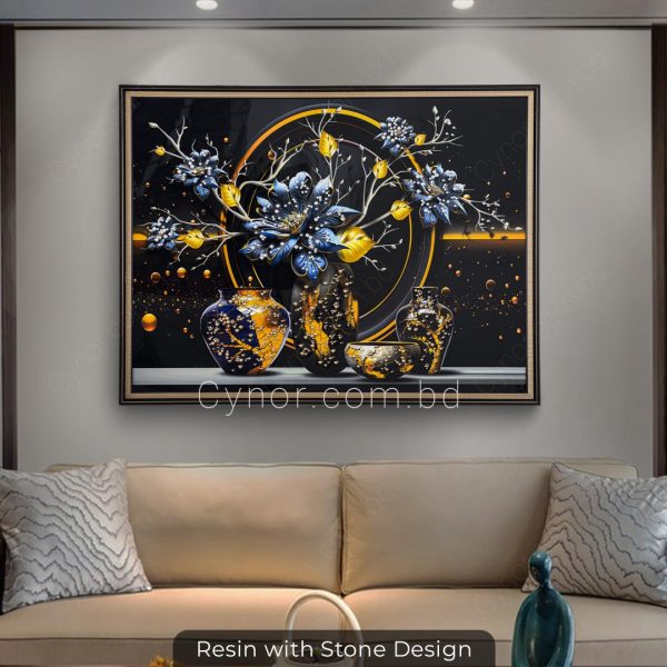Fibre Made Frame Resin with Stone Design Abstract Flower Pot Scenery Wall Frame Decor