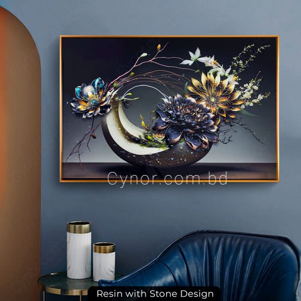 Metal Aluminium Frame Resin with Stone Design Abstract Flower Design Wall Frame Decor