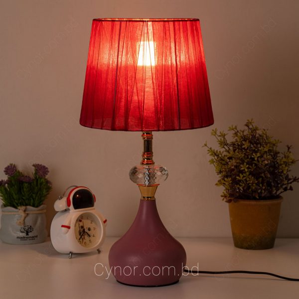Pink Color Metal Body with Crystal Stone Design Maroon Color Cloth Shade Table Lamp