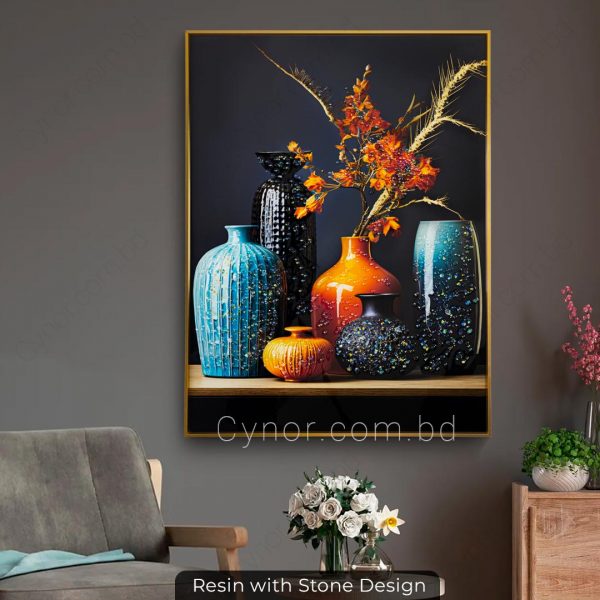 Metal Aluminium Frame Resin with Stone Design Orange Color Flower and Vases Wall Frame Decor