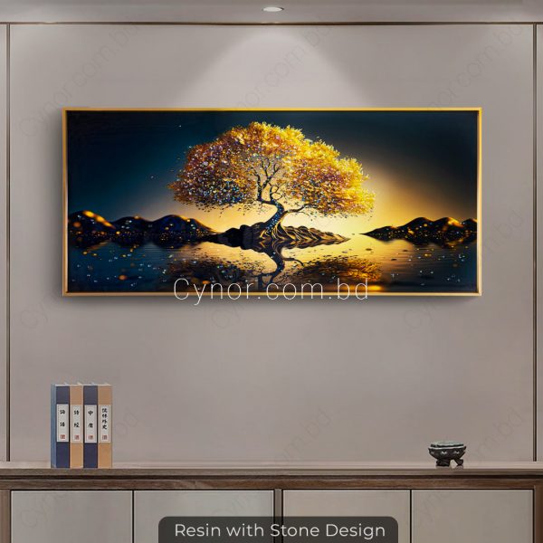 Metal Aluminium Frame Resin with Stone Design Abstract Golden Tree Wall Frame Decor