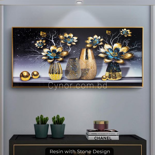 Metal Aluminium Frame Resin with Stone Design Golden Blue Flowers Vases Wall Frame Decor
