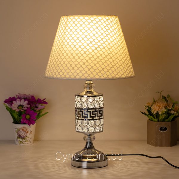 Silver Color Metal Body with Stone Design and Fabric Made White Shade Table Lamp