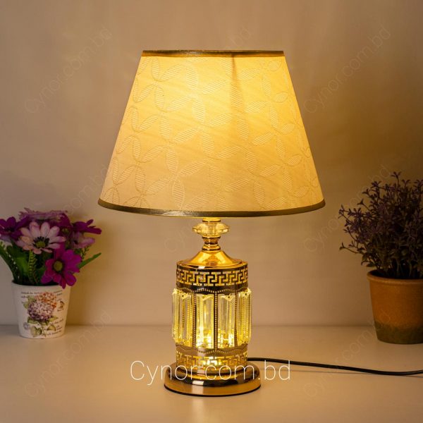 Golden Color Metal Body with Stone Design Fabric Made Cream Color Shade Table Lamp