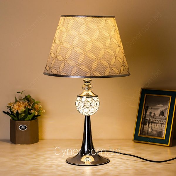Silver Color Metal Body with Stone Design and Ash Color Shade Table Lamp