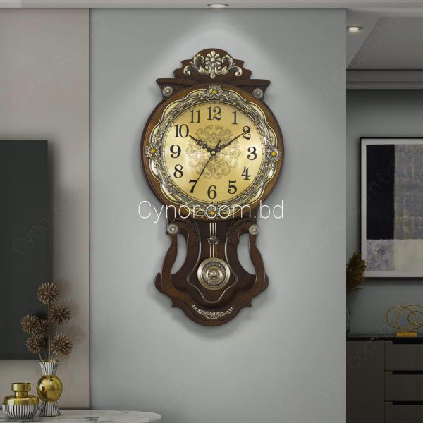 Very High Quality Wooden Body Metal Floral Design Golden Color Dial Pendulum Wall Clock