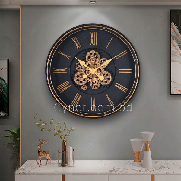 Fiber Made Black Color Body Golden Color Moving Mechanical Style Gear Dial Design Wall Clock