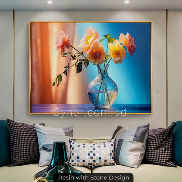 Metal Aluminium Frame Resin with Stone Design Flower Vase Art Wall Frame Decor