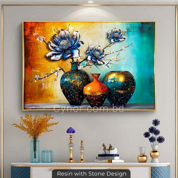 Metal Aluminium Frame Resin with Stone Design Abstract Flower Vases Wall Frame Decor