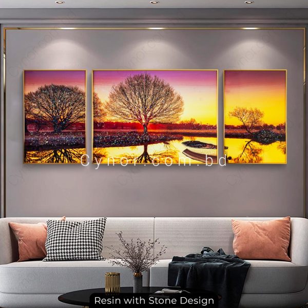 Metal Aluminium Frame Resin with Stone Design Nature Scenery Wall Frame Decor Set