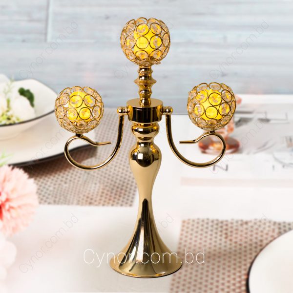 Golden Color Metal Body with Stone Design 3 Arms Candle Holder