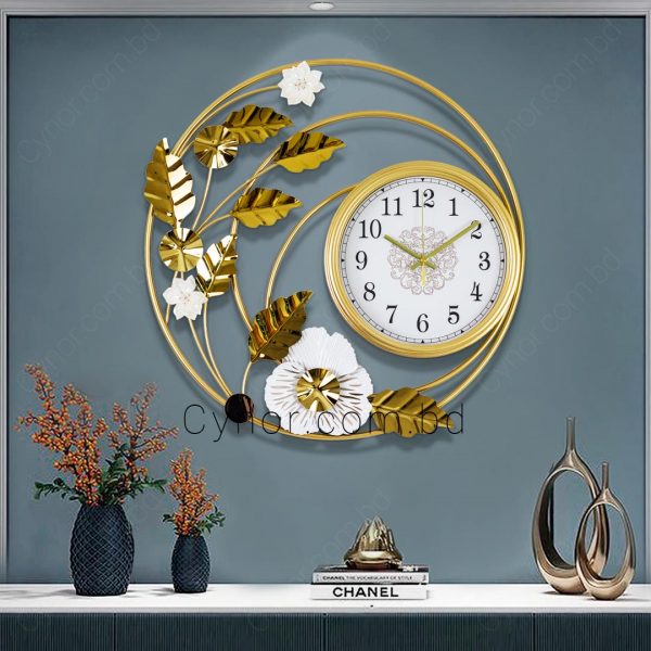 Metal Body Stainless Steel Design Golden, White Color Leaf Design Wall Clock