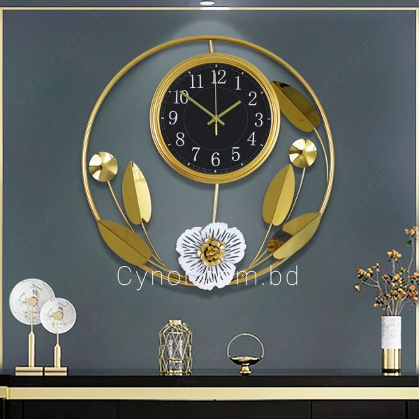 Metal Body Stainless Steel Design Golden, White Color Leaf Design Black Dial Wall Clock