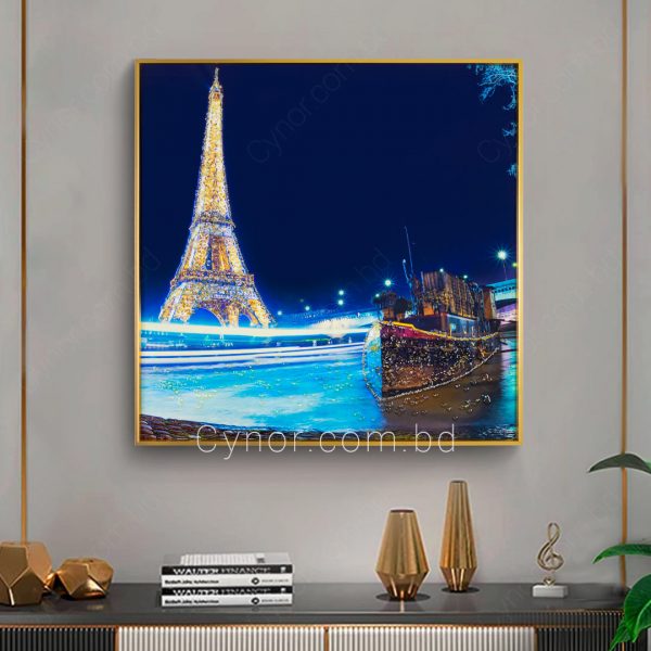 Metal Aluminium Frame Resin with Stone Design Eiffel Tower and Boat Scenery Wall Frame Decor